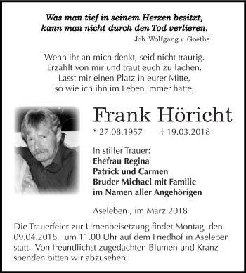 Traueranzeige von Frank Höricht von Wochenspiegel Mansfelder Land