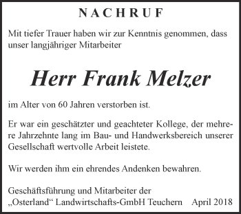 Traueranzeige von Frank Melzer von WVG - Wochenspiegel NMB / WSF / ZTZ