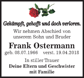 Traueranzeige von Frank Ostermann von Mitteldeutsche Zeitung Aschersleben