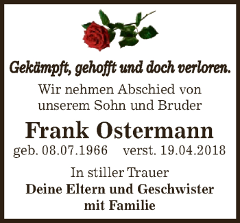 Traueranzeige von Frank Ostermann von Super Sonntag Aschersleben