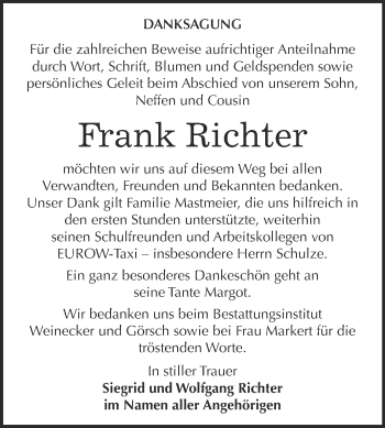 Traueranzeige von Frank Richter von Super Sonntag Bernburg