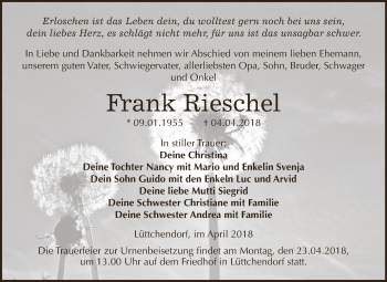 Traueranzeige von Frank Rieschel von Super Sonntag SGH Mansf. Land