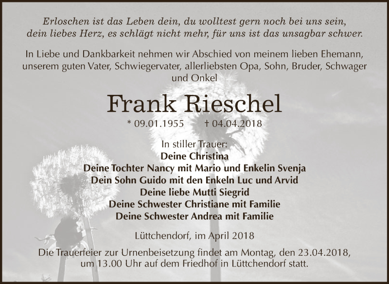  Traueranzeige für Frank Rieschel vom 14.04.2018 aus Super Sonntag SGH Mansf. Land