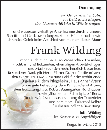 Traueranzeige von Frank Wilding von Mitteldeutsche Zeitung Sangerhausen