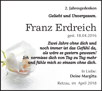 Traueranzeige von Franz Erdreich von Mitteldeutsche Zeitung Bitterfeld