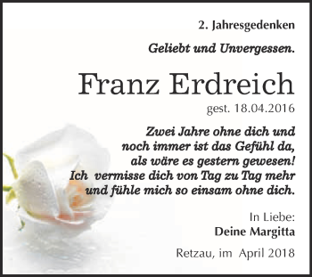 Traueranzeige von Franz Erdreich von WVG - Wochenspiegel Bitterfeld