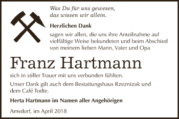 Traueranzeige von Franz Hartmann von Wochenspiegel Mansfelder Land