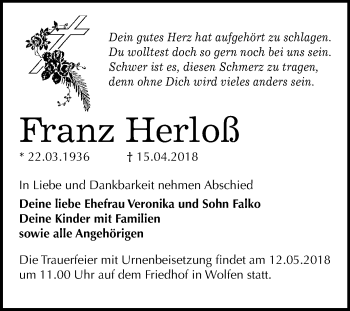 Traueranzeige von Franz Herloß von Mitteldeutsche Zeitung Bitterfeld