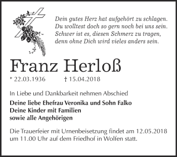 Traueranzeige von Franz Herloß von WVG - Wochenspiegel Bitterfeld