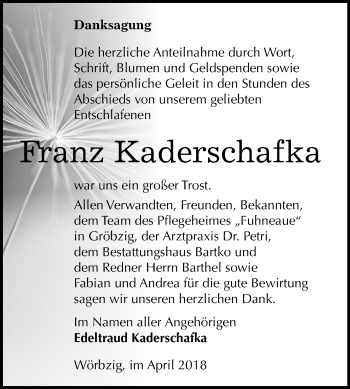 Traueranzeige von Franz Kaderschafka von Mitteldeutsche Zeitung Köthen