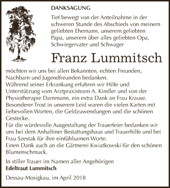 Traueranzeige von Franz Lummitsch von WVG - Wochenspiegel Dessau / Köthen