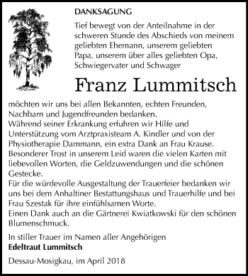 Traueranzeige von Franz Lummitsch von Mitteldeutsche Zeitung Dessau-Roßlau