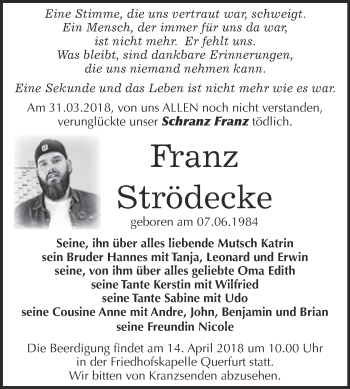 Traueranzeige von Franz Strödecke von WVG - Wochenspiegel Merseburg