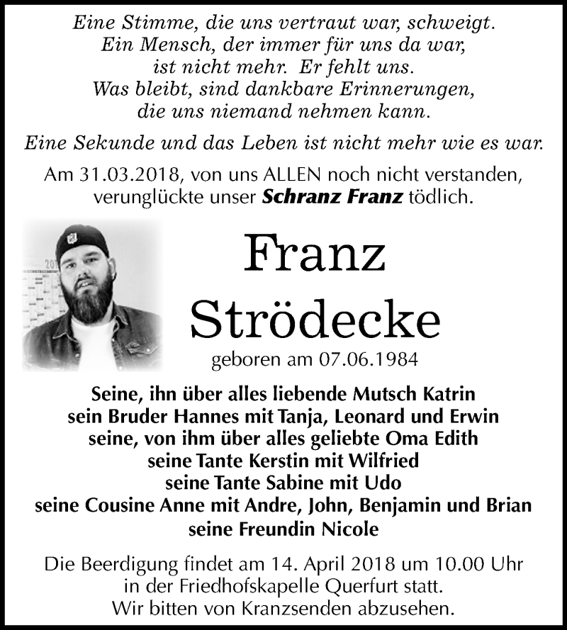  Traueranzeige für Franz Strödecke vom 06.04.2018 aus Mitteldeutsche Zeitung Merseburg/Querfurt