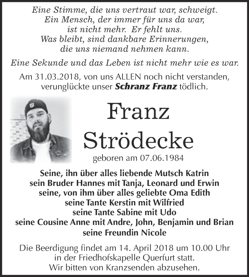  Traueranzeige für Franz Strödecke vom 07.04.2018 aus WVG - Wochenspiegel Merseburg