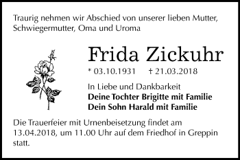 Traueranzeige von Frida Zickuhr von Mitteldeutsche Zeitung Bitterfeld