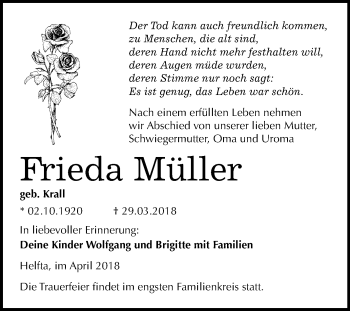 Traueranzeige von Frieda Müller von Mitteldeutsche Zeitung