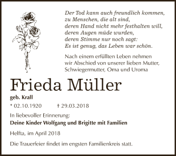Traueranzeige von Frieda Müller von Super Sonntag SGH Mansf. Land
