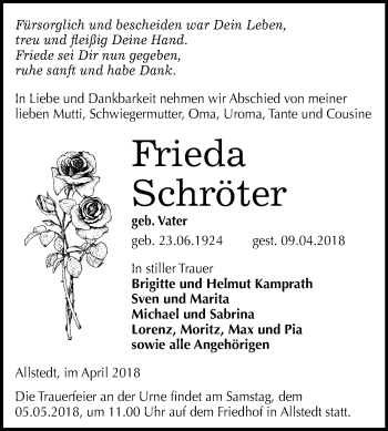 Traueranzeige von Frieda Schröter von Mitteldeutsche Zeitung Sangerhausen