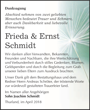 Traueranzeige von Frieda und Ernst Schmidt von WVG - Wochenspiegel Bitterfeld