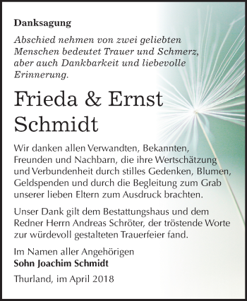Traueranzeige von Frieda und Ernst Schmidt von Mitteldeutsche Zeitung Bitterfeld