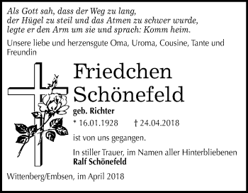 Traueranzeige von Friedchen Schönefeld von Mitteldeutsche Zeitung