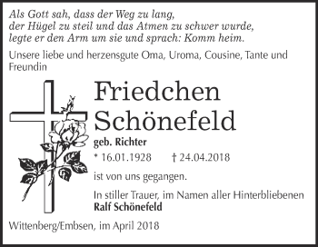 Traueranzeige von Friedchen Schönefeld von Super Sonntag Wittenberg