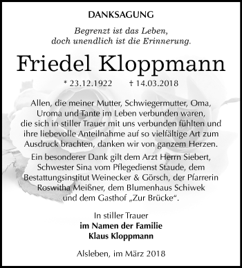 Traueranzeige von Friedel Kloppmann von Mitteldeutsche Zeitung Bernburg