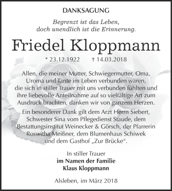 Traueranzeige von Friedel Kloppmann von Super Sonntag Bernburg