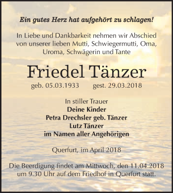 Traueranzeige von Friedel Tänzer von WVG - Wochenspiegel Merseburg