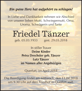 Traueranzeige von Friedel Tänzer von Mitteldeutsche Zeitung Merseburg/Querfurt