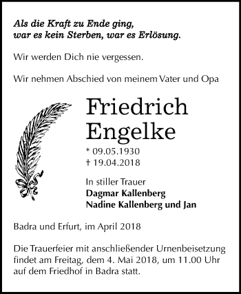 Traueranzeige von Friedrich Engelke von Mitteldeutsche Zeitung Sangerhausen