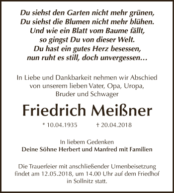 Traueranzeige von Friedrich Meißner von WVG - Wochenspiegel Dessau / Köthen