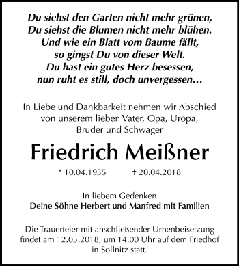 Traueranzeige von Friedrich Meißner von Mitteldeutsche Zeitung Dessau-Roßlau