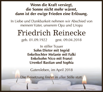 Traueranzeige von Friedrich Reinecke von Super Sonntag Aschersleben