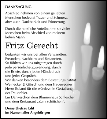 Traueranzeige von Fritz Gerecht von Mitteldeutsche Zeitung Bernburg
