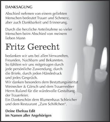 Traueranzeige von Fritz Gerecht von Super Sonntag Bernburg