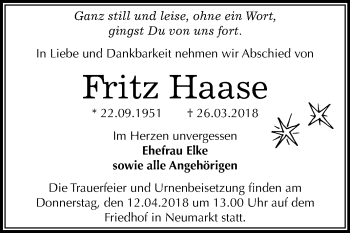 Traueranzeige von Fritz Haase von Mitteldeutsche Zeitung Merseburg/Querfurt