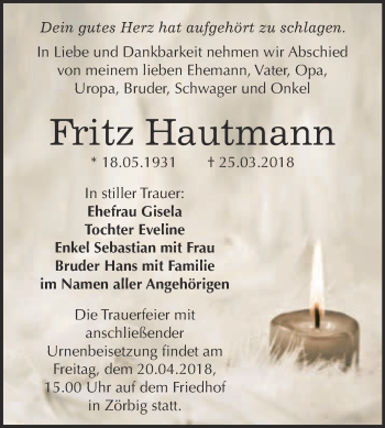 Traueranzeige von Fritz Hautmann von WVG - Wochenspiegel Bitterfeld