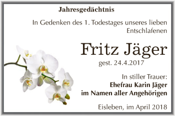 Traueranzeige von Fritz Jäger von Wochenspiegel Mansfelder Land