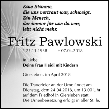 Traueranzeige von Fritz Pawlowski von Mitteldeutsche Zeitung Aschersleben