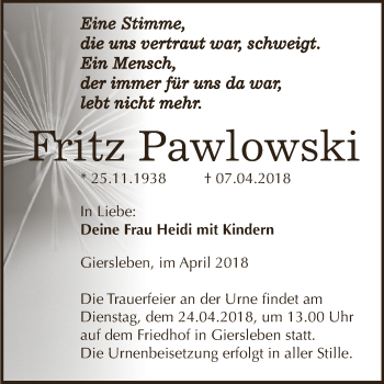 Traueranzeige von Fritz Pawlowski von Super Sonntag Aschersleben
