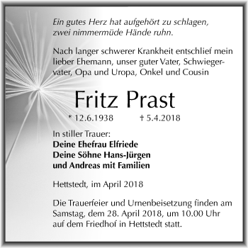 Traueranzeige von Fritz Prast von Mitteldeutsche Zeitung