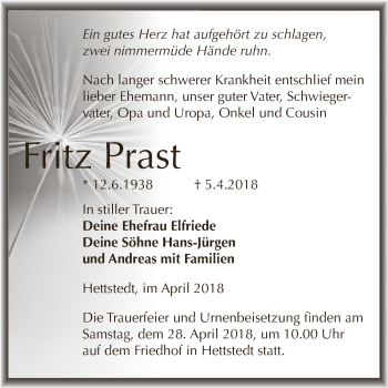 Traueranzeige von Fritz Prast von Wochenspiegel Mansfelder Land