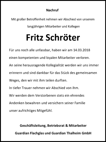 Traueranzeige von Fritz Schröter von WVG - Wochenspiegel Bitterfeld