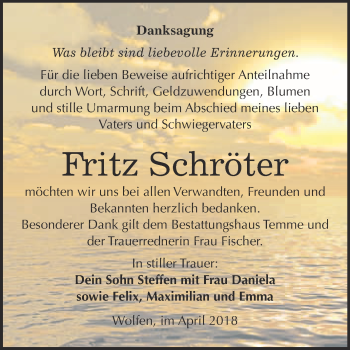 Traueranzeige von Fritz Schröter von WVG - Wochenspiegel Bitterfeld