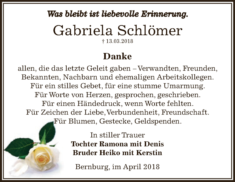  Traueranzeige für Gabriela Schlömer vom 21.04.2018 aus Super Sonntag Bernburg