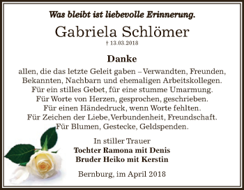 Traueranzeige von Gabriela Schlömer von Super Sonntag Bernburg