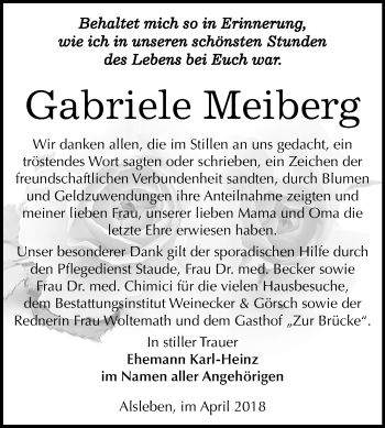 Traueranzeige von Gabriele Meiberg von Mitteldeutsche Zeitung Bernburg