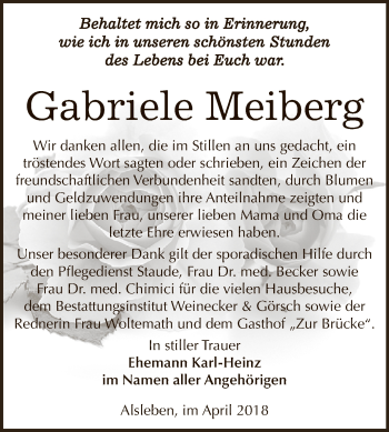 Traueranzeige von Gabriele Meiberg von Super Sonntag Bernburg